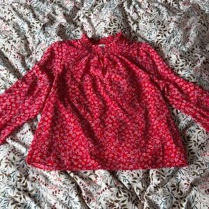 J. Crew Red Smocked Neck Blouse with Pink Accents